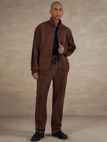 STYNVO 男士休闲套头拉链立领卫衣和运动裤套装，棕色两件套，秋季服装 - 彩色 - 查看 1