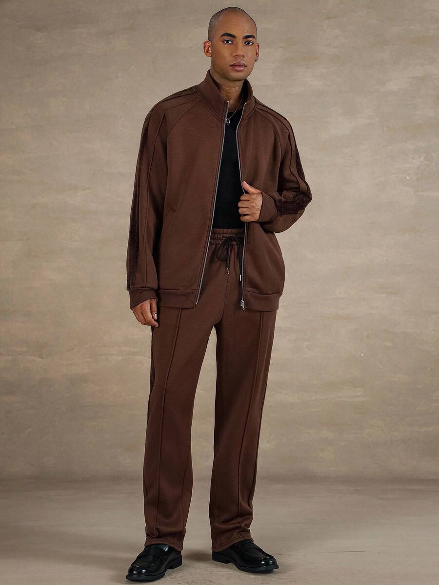 STYNVO 男士休闲套头拉链立领卫衣和运动裤套装，棕色两件套，秋季服装 - 彩色 - 查看 1