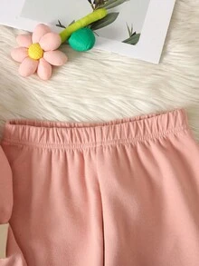 SHEIN 少女秋冬保暖加厚可爱卡通熊刺绣贴片高领长袖复合抓绒长袖T恤和裤子睡衣套装，粉色 - 淺粉色 - 查看 6