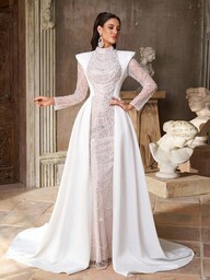 Aureia Elegant Lyxig Vit & Beige Paljettbroderad Standkrage Vida Axlar Långärmad Transparent Maxiklänning, Lämplig För Bröllop, Brudklänning, Formella Tillfällen