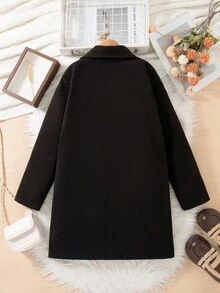 1pc Girls' Winter New 2025 Fashionable Korean Version Lapel Open Front Long Sleeve Woolen Fabric Mid-Length Minimalist Versatile Elegant Street Style Formal Commute Black Woolen Coat Jacket - Black - View 2