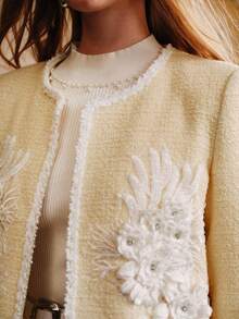 Arave Women's Tweed Fabric Boxy Round Neck Open Placket Applique Flower Edge Pearl Ribbon Design Daily Commuter Jacket Fall Clothes For Women Winter Clothes   Party - Yellow - View 6
