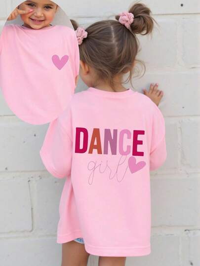 Young Girls' Casual, Comfortable, Fashionable, Minimalist "DANCE Girl" Heart & Letter Print Short Sleeve T-Shirt, Pink, Summer