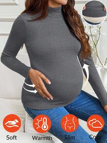 SHEIN 秋季/孕妇秋冬纯色高领休闲百搭长袖T恤 - 灰色 - 查看 4