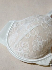 1pc Front Closure Lace Patchwork Underwire Thin Cup Bra - White - View 9