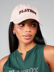 Missguided x Playboy 刺绣棒球帽弧形帽檐老爹帽休闲街头风头饰 - 卡其色 - 查看 1