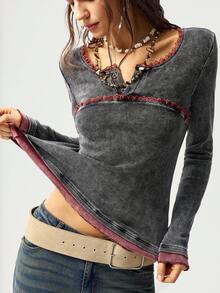 Bohemela 女士休闲针织撞色蕾丝长袖修身衬衫 - 黑色 - 查看 6