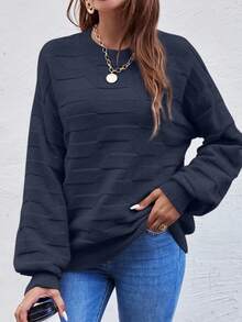 EMERY ROSE Women's Solid Color Round Neck Drop Shoulder Long Sleeve Casual Loose Pullover Sweater, Autumn/Winter - Royal Blue - View 3