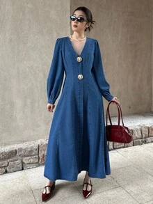 K-Vae Women's Autumn And Winter V-Neck Rose Button Dress, Long A-Line Dress, Elegant Commuter Dress, Party Dress,New Year's Wear - Dark Wash - View 4