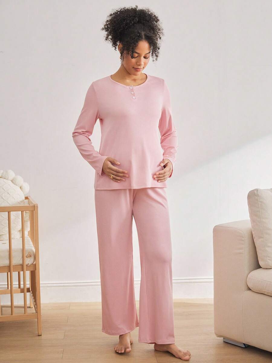 Conjunto de pijama de maternidad de cuello redondo de manga larga y pantalones de moda para el invierno - Blanco - Ver 1