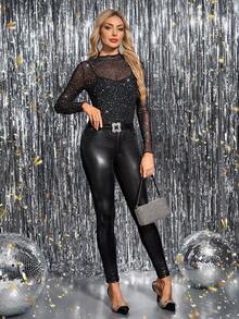 SHEIN Clasi Top de Malha Ajustada de Manga Longa com Gola Alta, Transparente, Estampa Vintage Poa Preto e Branco, para Mulheres - Preto - Visão 4