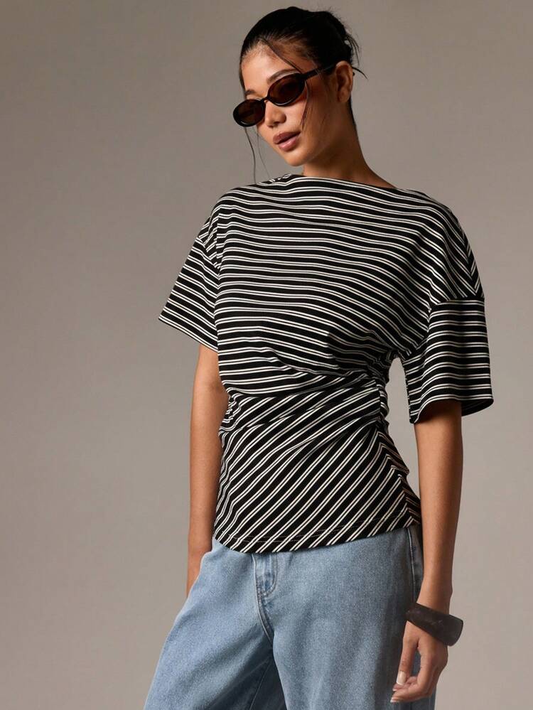 Striped Corset T Shirt With Twisted Front Design