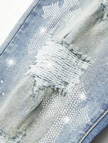 ROMWE MEN Street Life Jeans desgastados y rasgados con diamantes de imitación para hombre - Celeste - Ver 7
