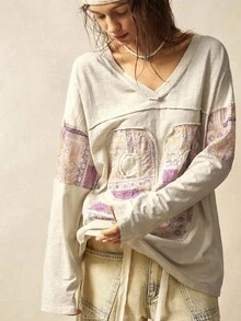 Bohemela Boho Autumn/Winter Outerwear, Women's Fashionable Vintage Patchwork Bohemia Paisley Pattern V-Neck Long Sleeve Loose T-Shirt, Western Country Style Concert Vacation, Suitable For Vacation & Daily Wear & Back To School, Christmas - Apricot - View 4