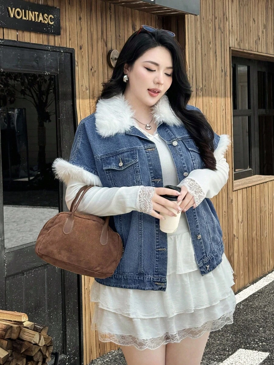 Rivivi Winter Plus Size Women's Denim Sleeveless Jacket, Autumn/Winter, Faux Fur Collar Fluffy Decor, Light Blue Washed Denim Jacket, Cowboy Jacket - Medium Wash - View 1