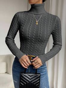 EMERY ROSE Women's Casual Turtleneck Twist Pattern Long Sleeve Sweater, Autumn/Winter - Dark Grey - View 6