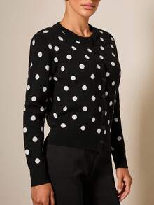 COSMINA 女士休闲波尔卡圆点图案圆领长袖针织开衫，秋季 - 黑與白 - 查看 5