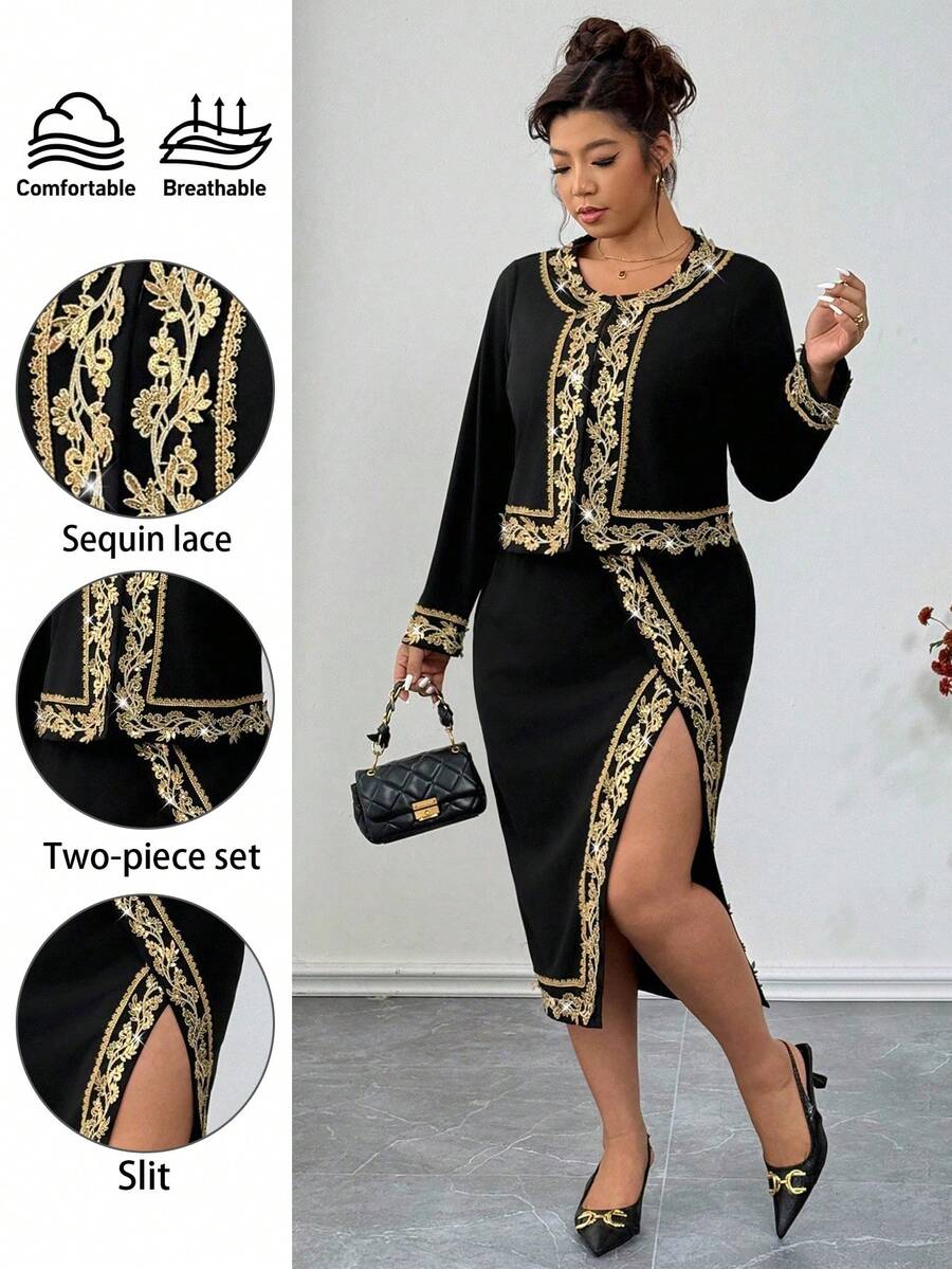 Elenzga Christmas Plus Size Women's 2 Pieces Set Poet Blouse Mesh Tassel Sheer Slip Dress Elegant Party Outfit, Vacation, Wedding, Graceful Apricot 2 Pieces Set - Black - View 1
