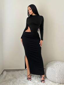 SHEIN Unity Women's Sexy Solid Color Waist Cutout Slit Dress, Autumn ...