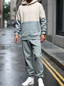 SHEIN 青少年男童休闲街头纯色刺绣细节舒适套头连帽衫和运动裤套装，适合通勤、上学、日常休闲、旅行、运动、派对、秋冬 - 彩色 - 查看 2