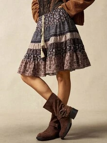 Bohemela Autumn Women's Vintage Music Festival Halloween Casual Vacation Floral Printed Ruffled Skirt With Waist Tie Loose Women Skirt, Western Country Style Concert Vacation, Suitable For Vacation & Daily Wear & Back To School - Multicolor - View 5