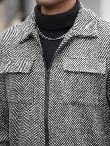 Manfinity Homme 男士人字纹拉链领长袖夹克，秋冬男士衬衫式外套 - 黑與白 - 查看 4
