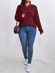 SHEIN CURVE+ Plus Size Casual Solid Color Long Sleeve Drawstring Sweatshirt, Autumn - Burgundy - View 5
