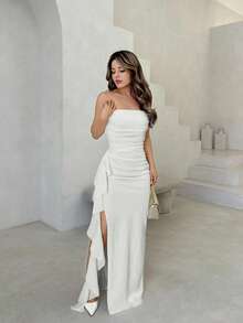 Jemour 白色露肩高开叉荷叶边礼服，适合伴娘、婚礼派对、无袖、裹身设计、高开叉 - 白色 - 查看 1
