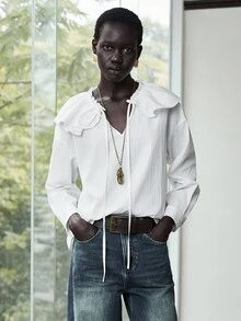 Lumivelle Damen Einfarbiges minimalistisches Langarm-Hemd mit Bindedetail, lässiger Alltags-Look - Weiss - Übersicht 5