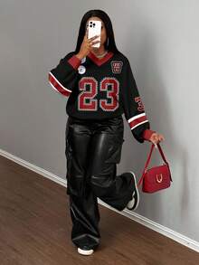 Slaydiva 2025 Autumn/Winter Casual Minimalist Jersey Design Sweatshirt, Number 23 Rhinestone-Effect Contrast Trim V-Neck Loose Fit Hoodie, Black