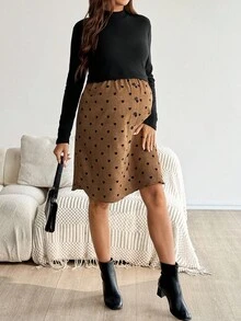 SHEIN Maternity Stand Collar Long Sleeve Patchwork Heart Print Button Design Casual Nursing Dress  Brown - Multicolor - View 4