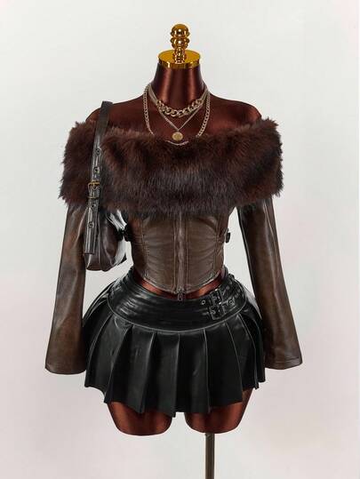 Amplova Chaqueta de vuelo versátil y sexy de cuero y piel con un solo hombro, manga larga, para mujer, en color marrón oscuro