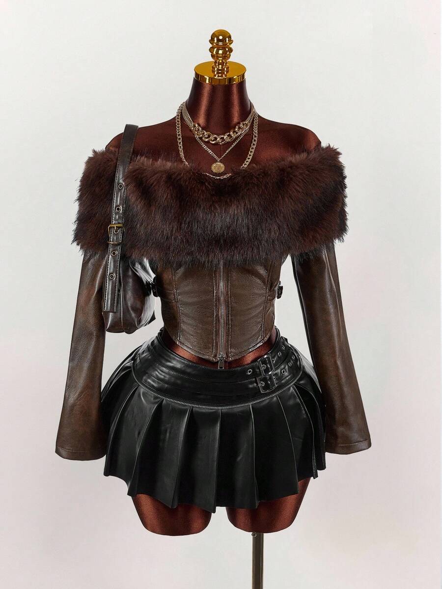 Y2K Amplova 女士单肩皮革皮草长袖性感百搭飞行员夹克棕色皮草上衣皮草束身衣皮革上衣深棕色上衣 - 卡其色 - 查看 1