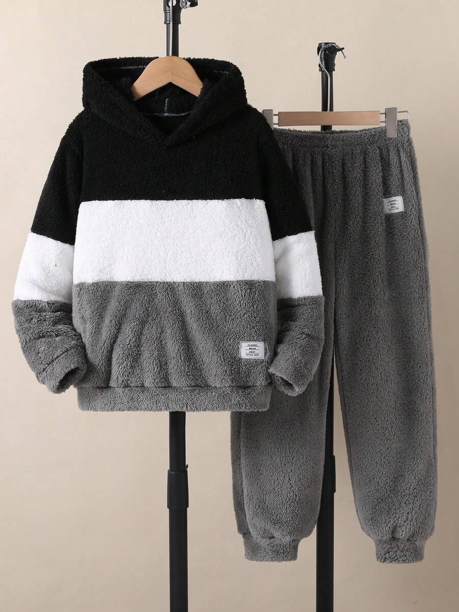 2pcs Tween Boy Casual Reversible Fleece Patchwork Contrast Color Hoodie And Pants Set - Grey - View 1
