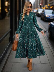 EMERY ROSE Damen-Midikleid mit V-Ausschnitt und Laternenärmeln, Blumenmuster, Winterkleid, Herbstkleider für Damen, Winterkleidung für Damen, Freizeitkleider für Damen, lässiges langes Kleid, grünes Blumenkleid, grünes Midikleid für Damen, Herbstkleid, Ausgeh-Outfit