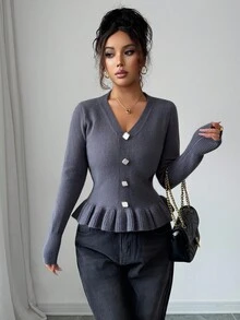 SHEIN Elenzya Slim Fit Ruffle Trim Button Closure Long Sleeve Solid Color Versatile Women Sweater - Grey - View 6