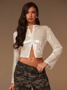 Athîral 女士象牙色亮片纽扣前短款夹克 | 亮面反光亮片面料，直领和长袖，轻松打造性感派对极简主义，鸡尾酒会/俱乐部/夜间外出/日常/胶囊衣橱必备女士秋冬服装 - 杏色 - 查看 3