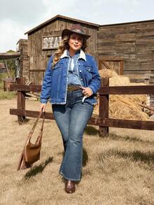 EMERY ROSE Plus Size Women Navy Blue Fleece Lined Casual Denim Jacket, Winter Women's Winter Jacket