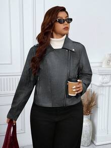 Flirla Plus Size Denim Effect PU Biker Jacket Plus Size Jacket Plus Size Moto Jacket Plus Size Fall Clothing Plus Size Outerwear Grey Jacket - Black - View 6