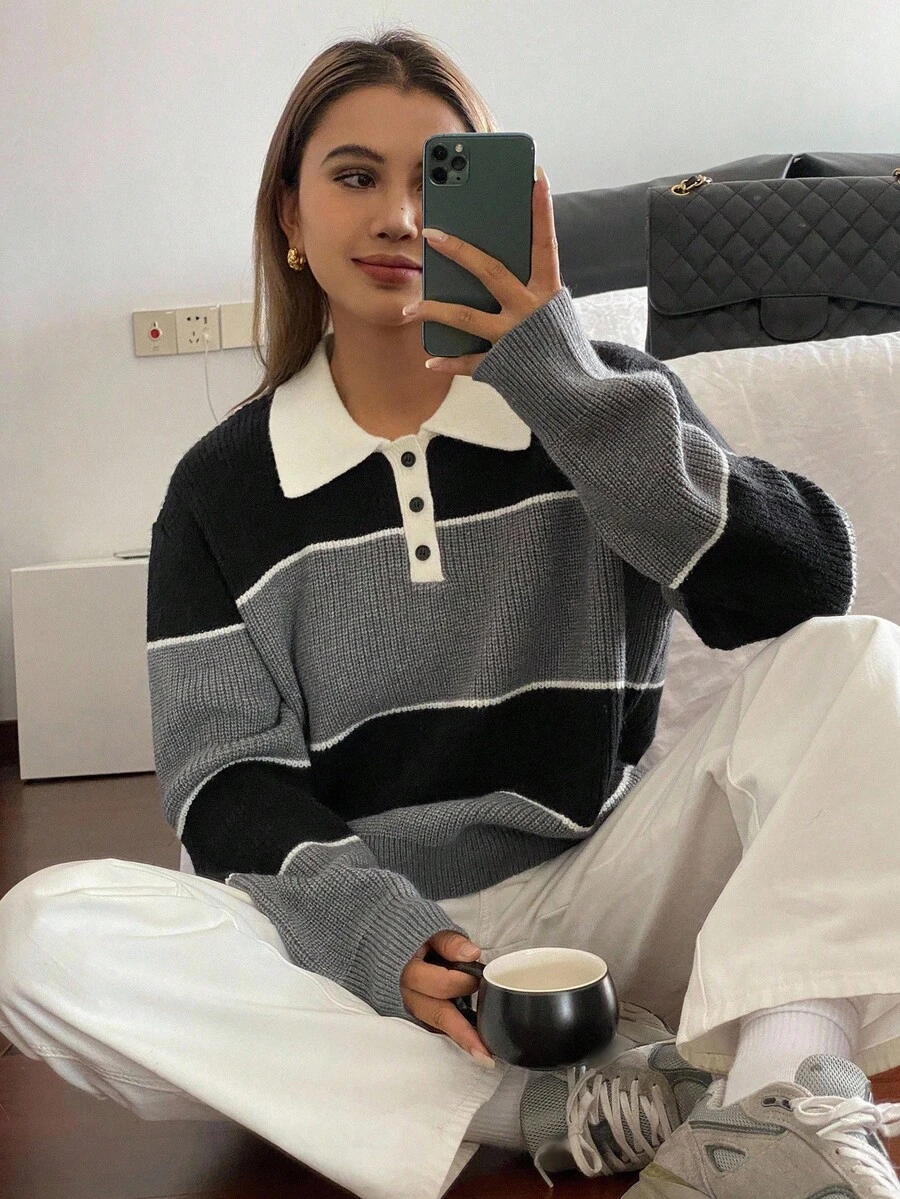 DAZY Pull tricoté décontracté à manches longues avec col polo à rayures contrastées pour femmes, automne/hiver