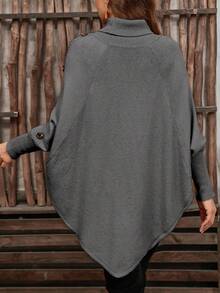 EMERY ROSE Women's Solid Color Knitted Button High Neck Batwing Long Sleeve Cape Style Fitted Elegant Sweater, Autumn/Winter - Grey - View 2