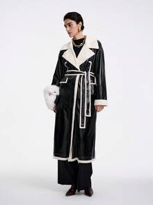 SHEIN Stylify 女式休闲翻领仿皮草饰边束腰撞色饰边长款风衣，秋冬 - 彩色 - 查看 4