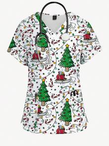 PopScrub Women's Fashion V-Neck Short Sleeve Allover Print Christmas Tree & Fairy Lights Nurse Scrub Uniform Top - Multicolor - View 1