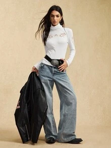 Easelle Vintage Bohemian Flower Embroidery Turtleneck Tight Fitting Base Layer Top Autumn Outfits For Women Christmas Outfit For Women