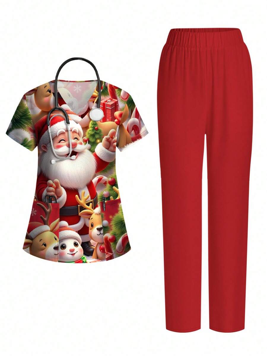 PopScrub Conjunto de uniforme de enfermera con bolsillo, cuello en V, manga corta y estampado digital 3D de Papá Noel y renos para mujeres