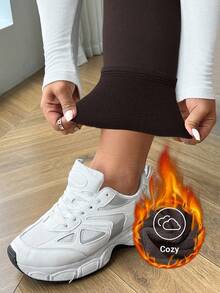 SHEIN EZwear 加大码巧克力棕色加厚保暖黑色打底裤，适合冬季穿着 - 巧克力棕 - 查看 5