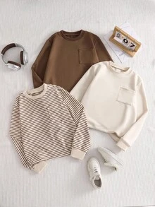 SHEIN 女孩秋季服装 - 长袖条纹运动衫搭配米色和棕色运动衫，时尚且适合日常穿着 - 彩色 - 查看 1