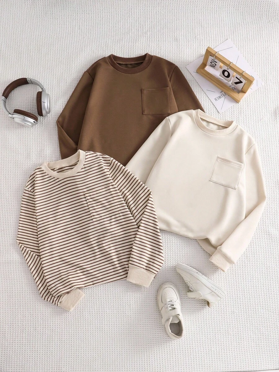 SHEIN 女孩秋季服装 - 长袖条纹运动衫搭配米色和棕色运动衫，时尚且适合日常穿着 - 彩色 - 查看 1
