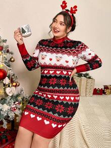 SHEIN Essnce 大码女士秋冬时尚休闲高弹舒适圣诞可爱印花红黑修身短裙、曲线可爱连衣裙、紧身连衣裙、秋季服装、圣诞女装、母女装 - 紅色 - 查看 3