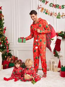 Manfinity RelaxMax Men's Letter & Christmas Tree Print Long Sleeve Zip Front Hooded Jumpsuit